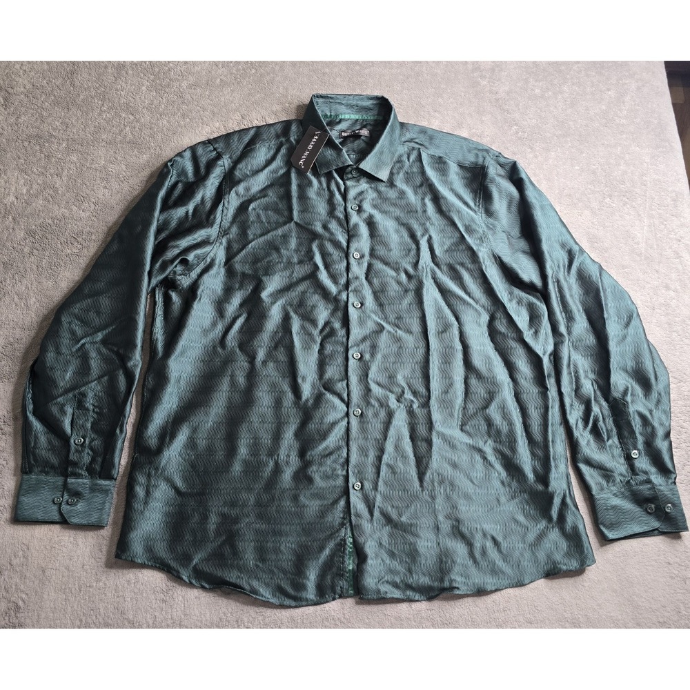 Barry Wang Dress Shirt Men's 2XL Green Silk Blend Long Sleeve Button Up Casual
